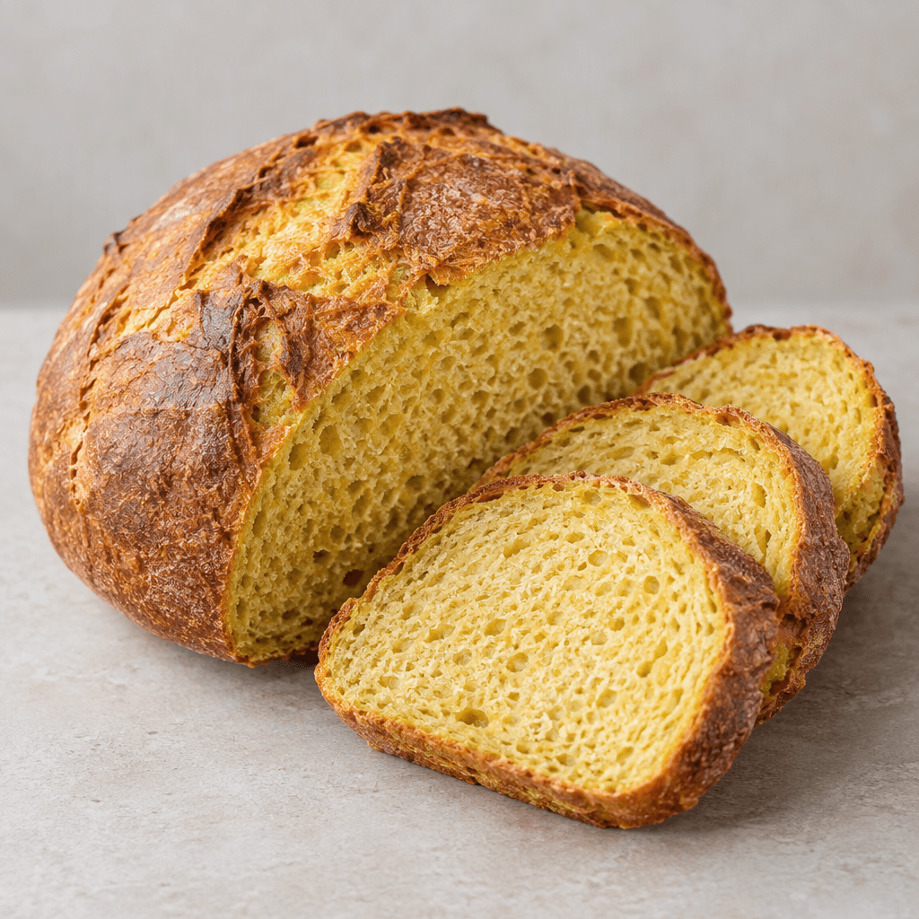 A squat, rustic loaf with a deep golden-brown crust, a warm yellow interior with a close, slightly coarse crumb, and several thick slices arranged beside it.