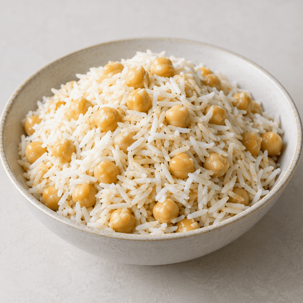 A mound of fluffy, separate long-grain basmati rice dotted with round, pale golden chickpeas is served in a shallow bowl, with the rice mostly white and lightly ivory in colour.