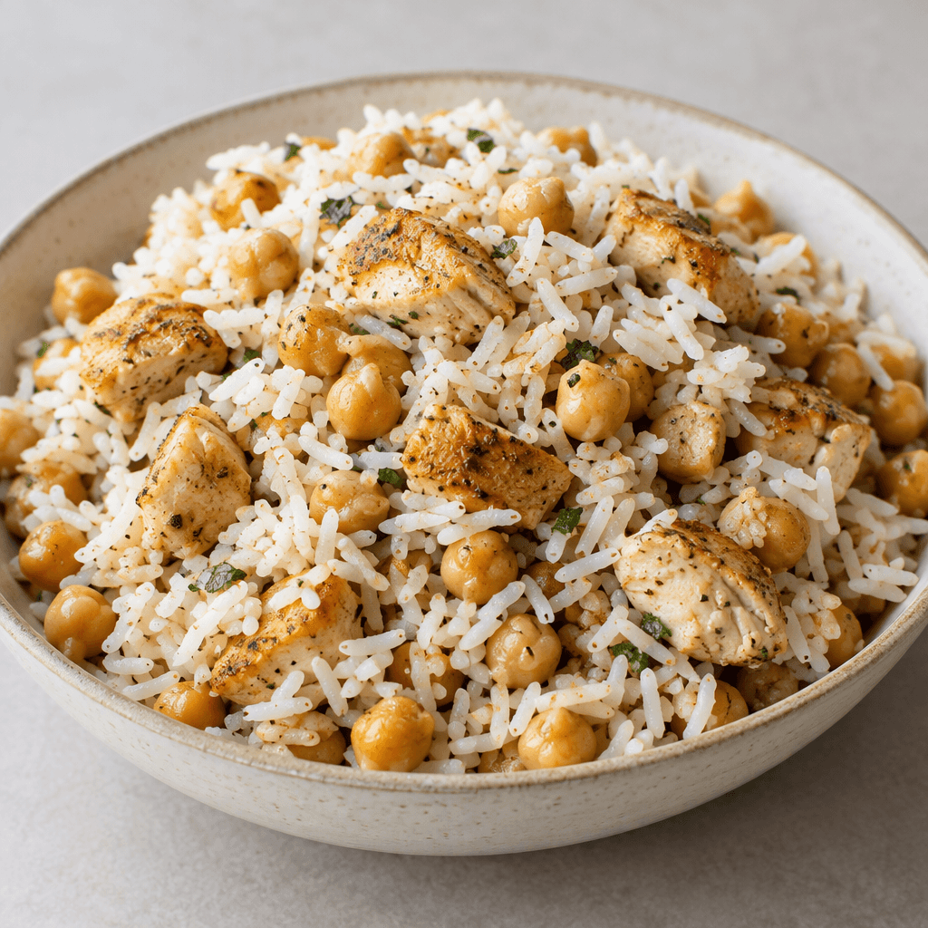 A mound of separate, fluffy white rice grains fills a shallow serving dish, mixed with golden chickpeas and small browned pieces of chicken visible throughout.