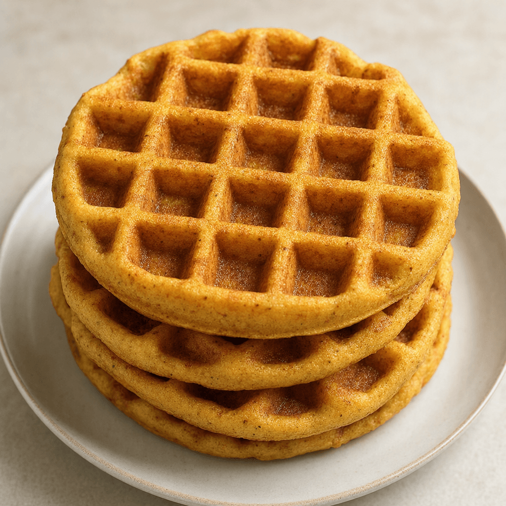 Altın-kahverengi nohut unlu waffle’lar, çıtır görünümlü kareli yüzeyleri ve hafif yuvarlak kenarlarıyla sade bir tabakta üst üste duruyor.