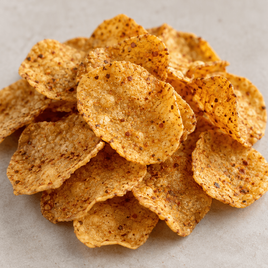 A small pile of thin, irregularly rounded chickpea chips, golden yellow with scattered reddish-brown seasoning specks and a rough, lightly bubbled surface.