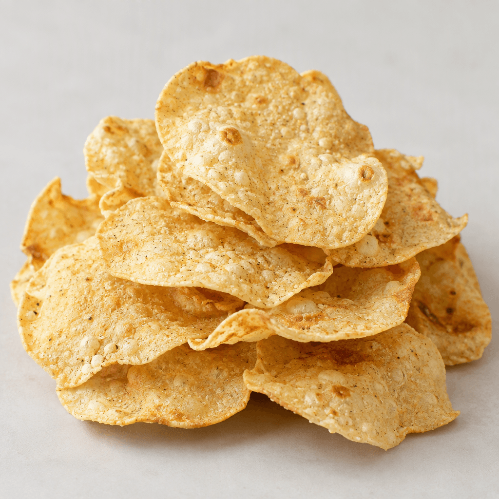 A small pile of thin, irregular chickpea chips, pale golden beige with lightly browned spots and a dry, subtly bubbled surface.
