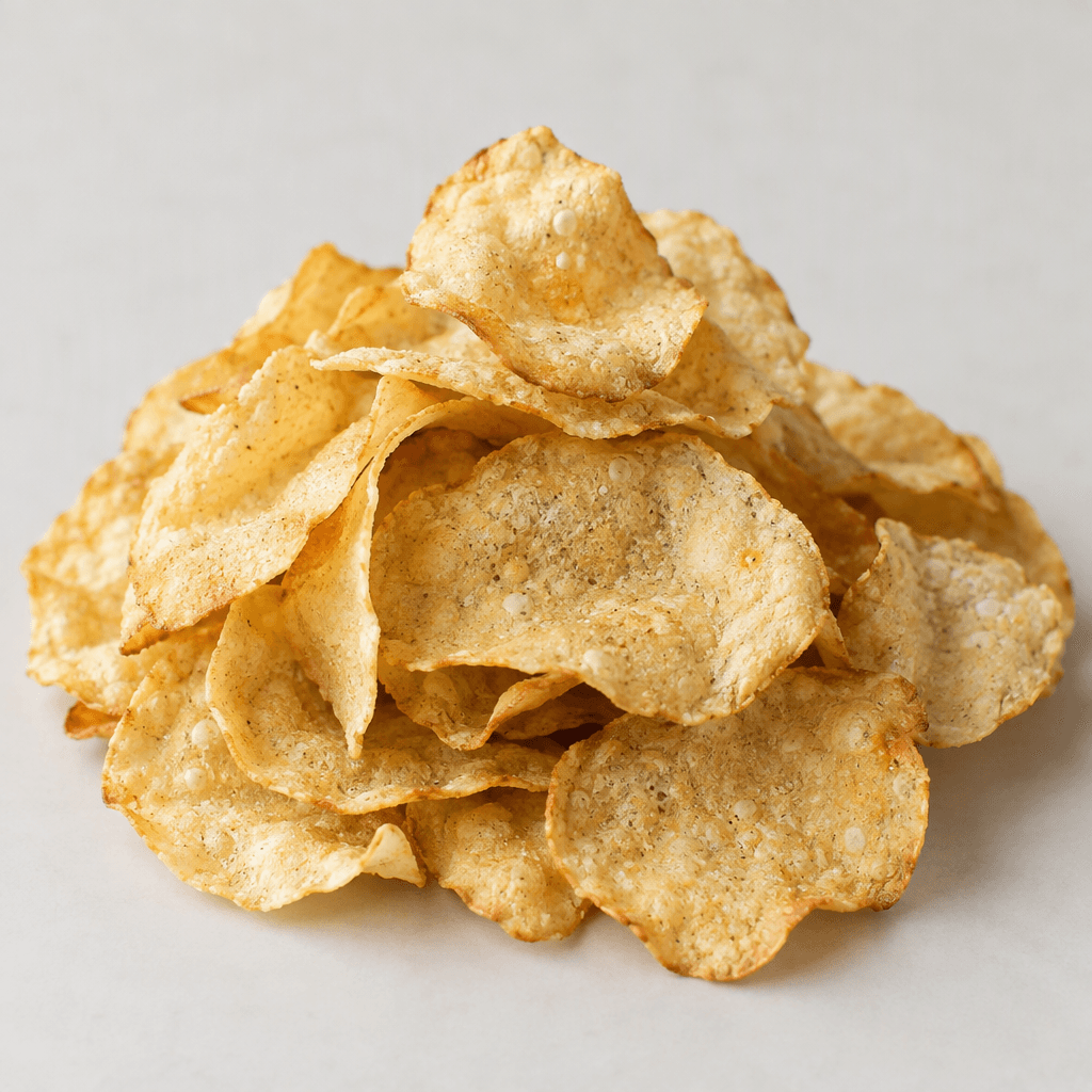A small pile of thin, irregularly shaped chickpea chips, pale golden beige with lightly browned edges and a dry, subtly bubbled surface.