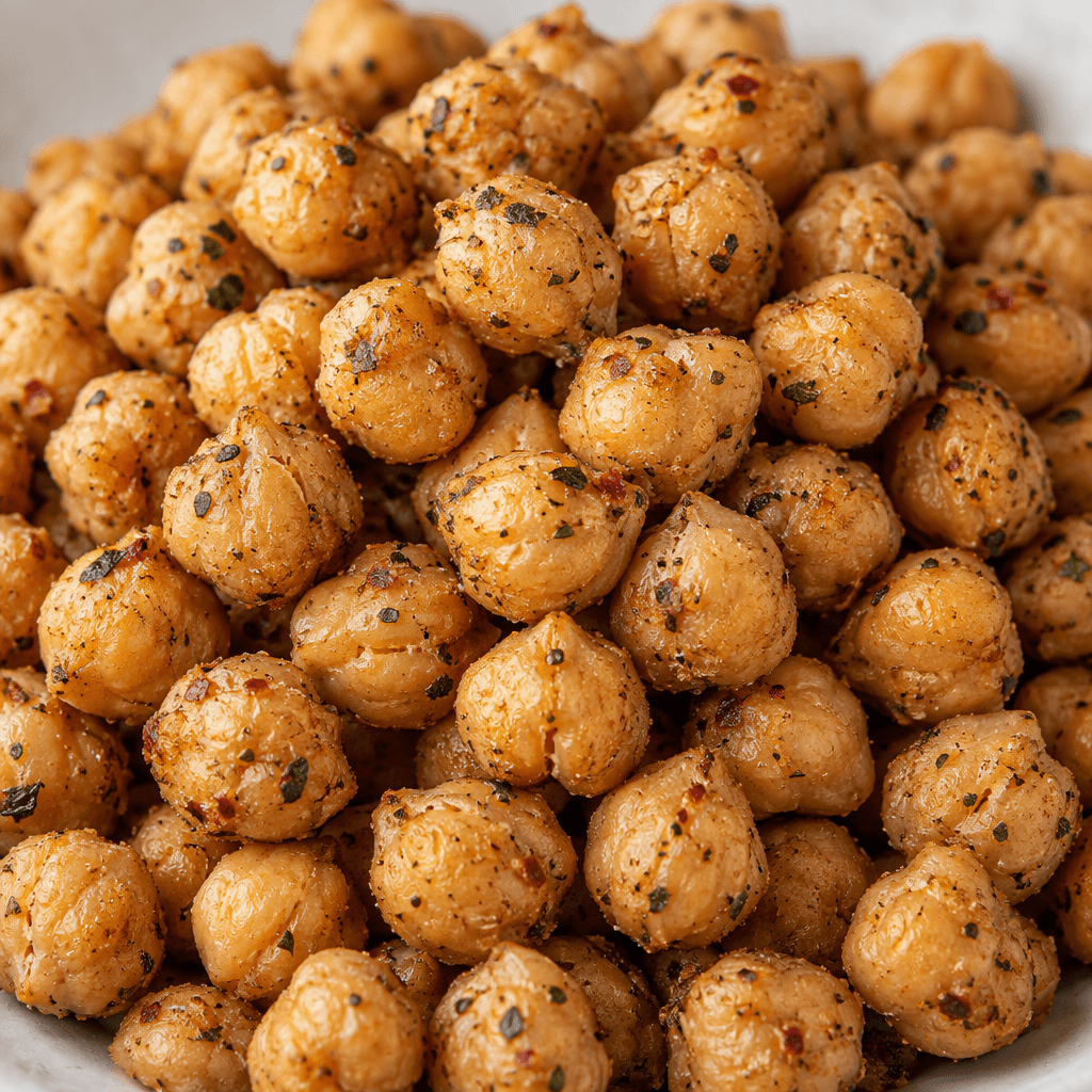 Small, round, golden-beige chickpeas with a lightly rough, dry-looking surface and scattered green and reddish-brown seasoning flecks are piled together.