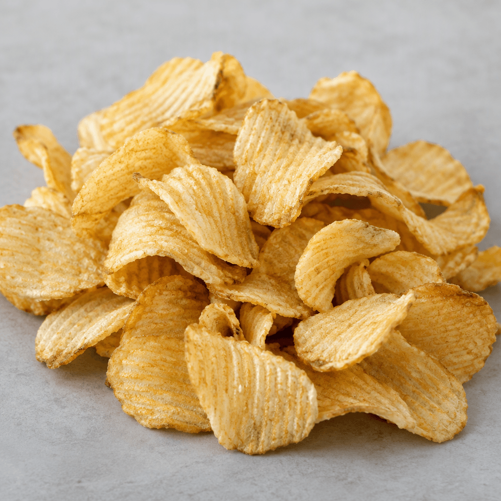 Small, irregularly curved golden-tan chips with a dry, lightly ridged surface are scattered in a loose pile.