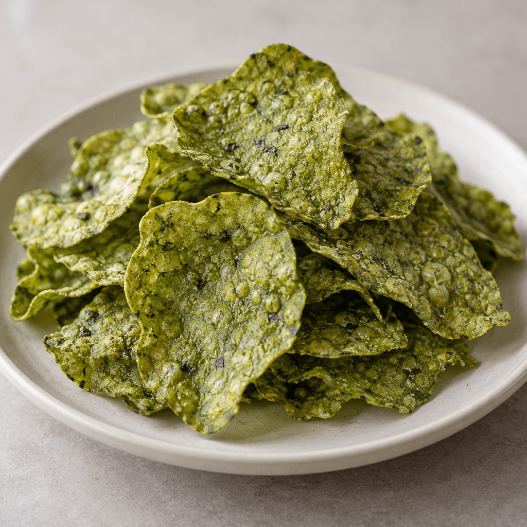 A small pile of thin, irregular green chips with a slightly rough, bubbled surface and darker flecks is arranged on a plain plate.