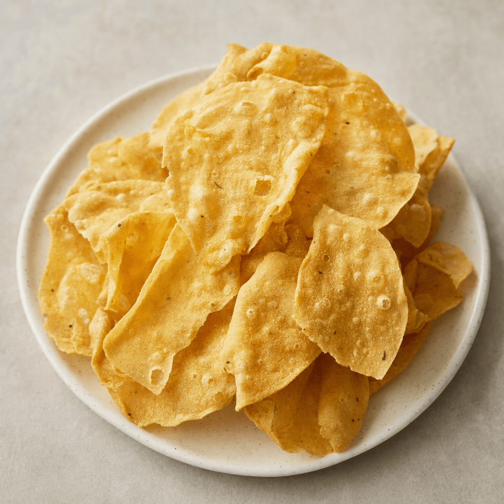 A small pile of thin, irregularly shaped chickpea chips, pale golden beige with lightly blistered, uneven surfaces and crisp-looking edges, rests on a plain plate.