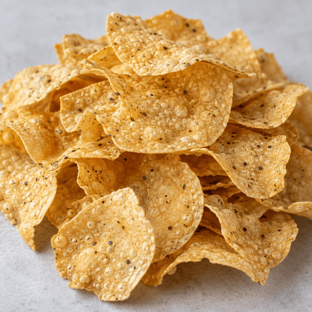 Thin, irregular golden-beige chickpea chips are piled loosely, with a bubbled, crisp-looking surface and tiny darker flecks.