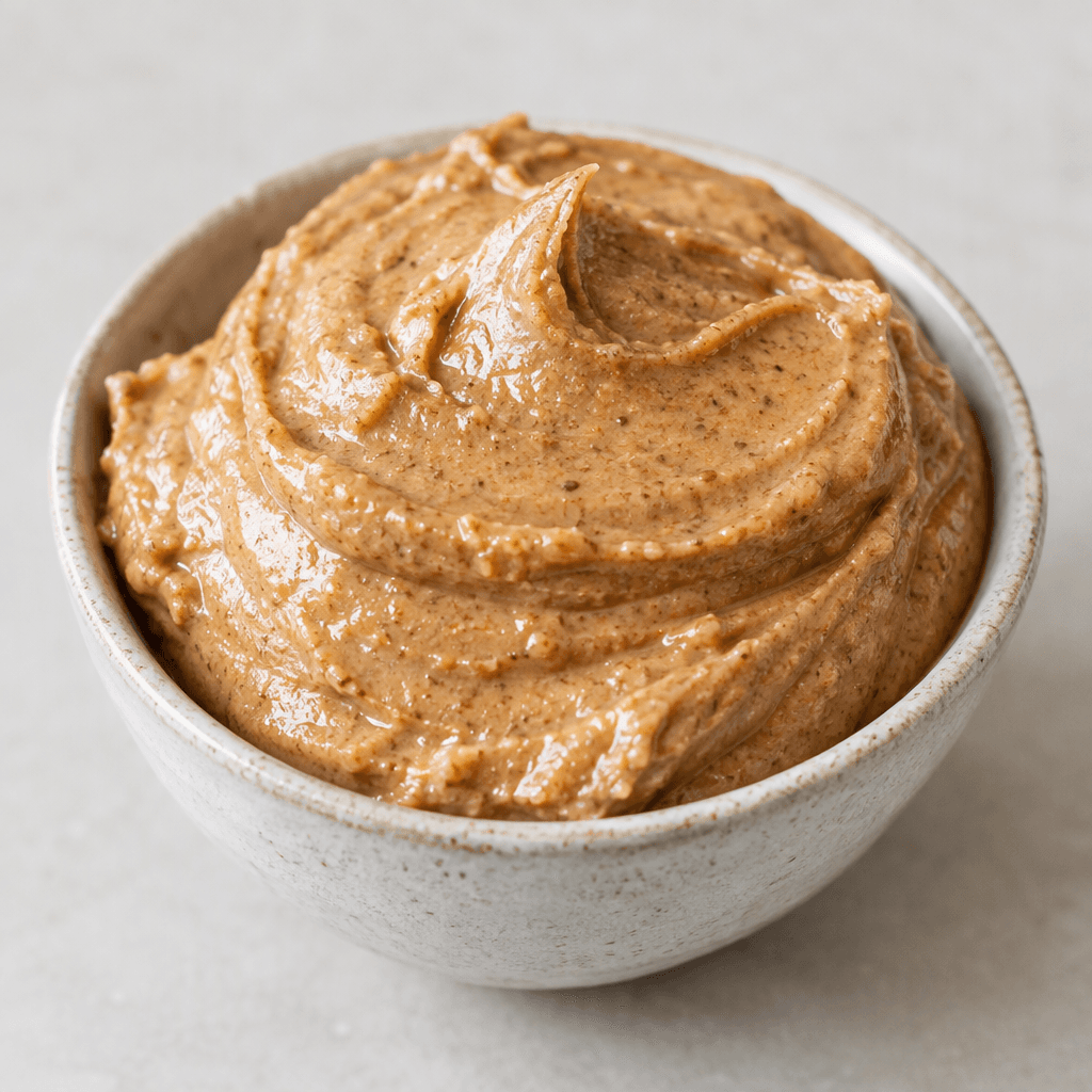 A mound of smooth, thick almond butter, pale tan with a slight sheen and a few tiny darker flecks, sits in a small bowl.