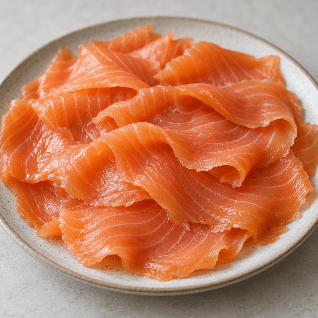 Thin, overlapping slices of salmon with a glossy coral-pink surface, fine pale cream lines, and softly curled edges are arranged on a plate.