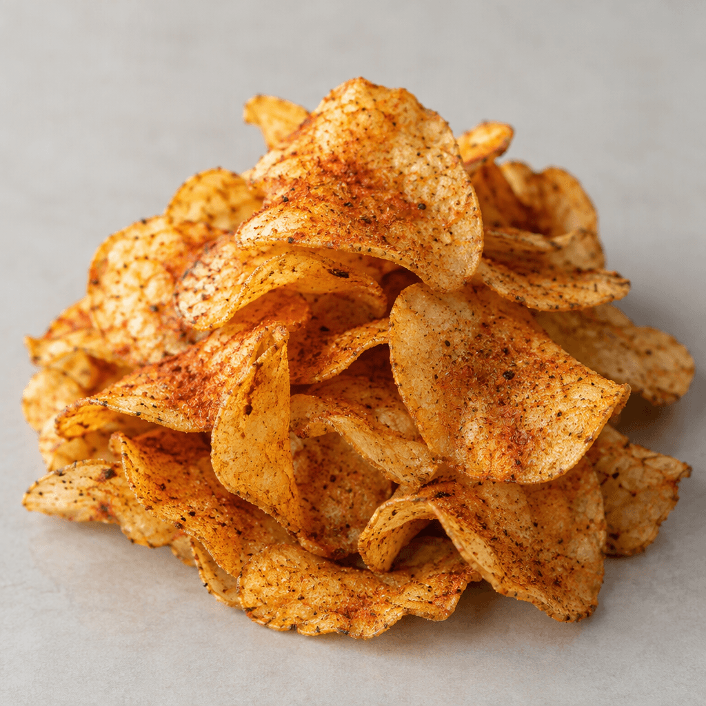 A small pile of thin, irregular golden potato chips dusted with reddish chili seasoning and darker spice flecks.