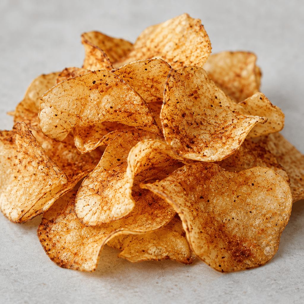 A small pile of thin, crisp, irregularly shaped golden-beige chips dusted with reddish-brown seasoning.
