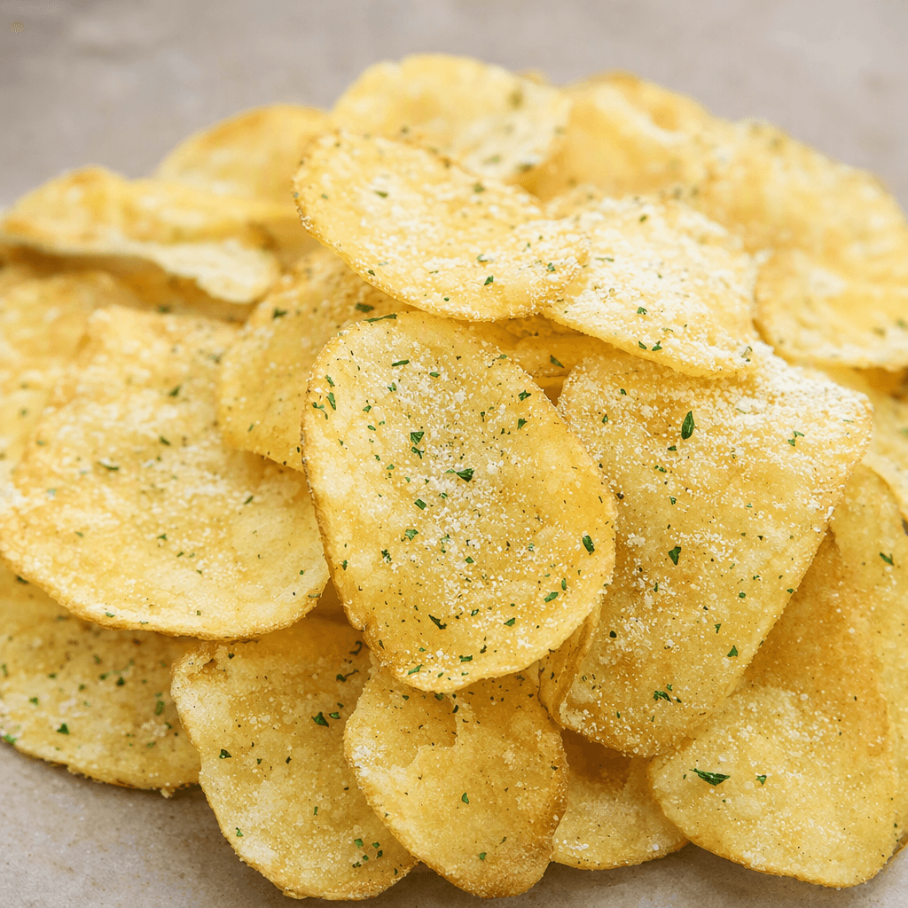 A small pile of thin, irregularly oval, lightly curled chips with a pale golden surface, dusted with fine creamy-white seasoning and tiny green herb flecks.