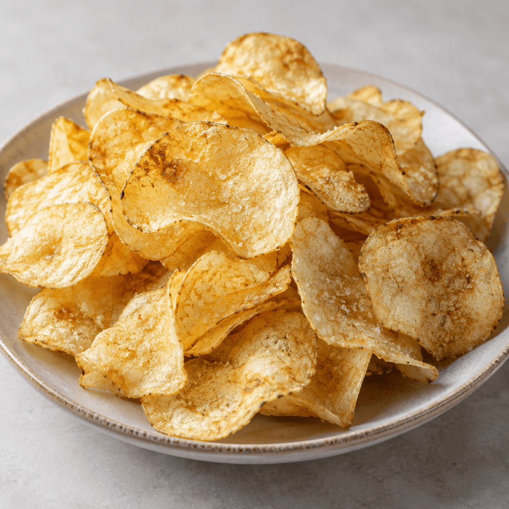 Thin, crisp, irregularly shaped chips with a pale golden surface and small browned spots are piled loosely on a plate.