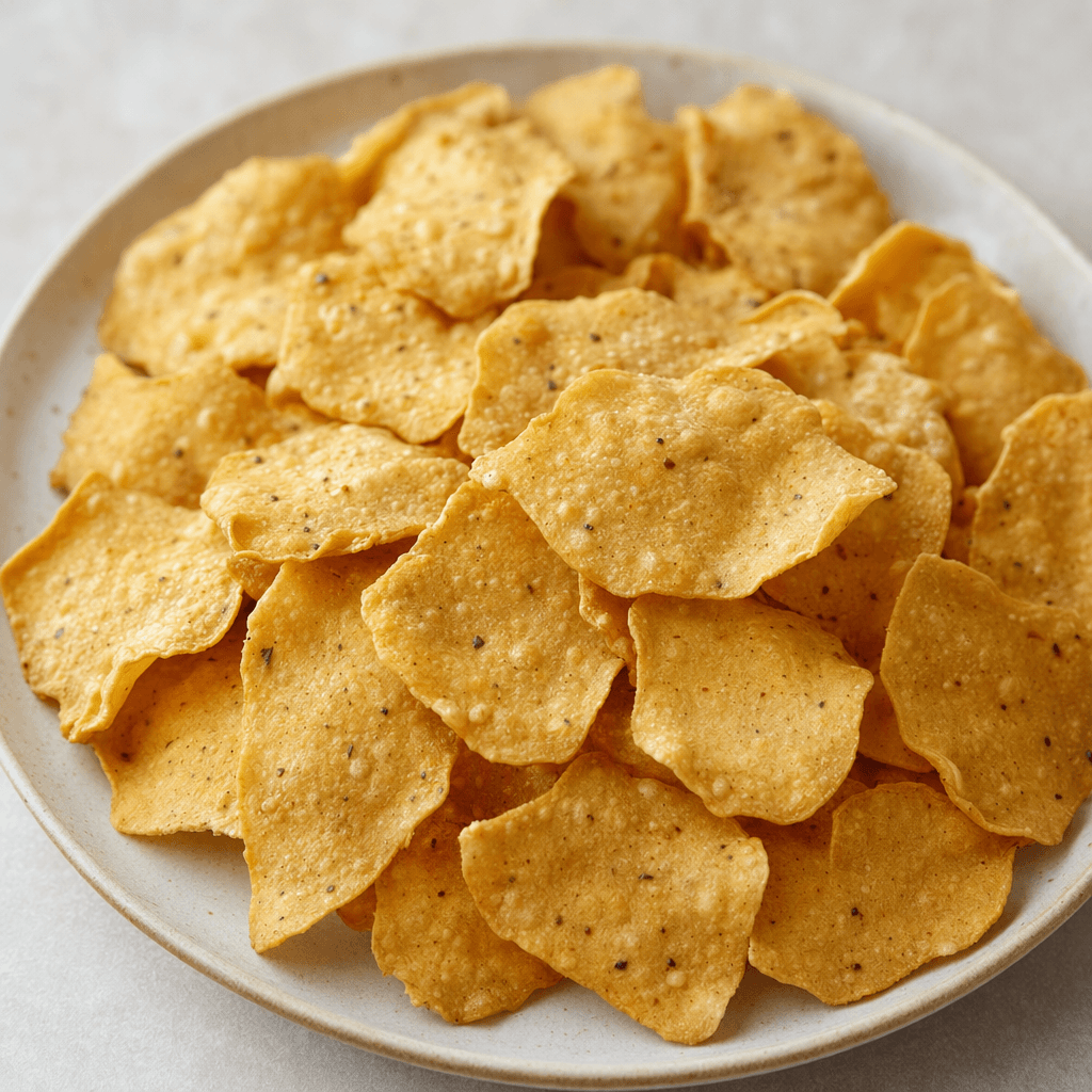 Thin, golden-beige chickpea chips with irregular edges and a lightly bubbled, crisp-looking surface are scattered on a plate.
