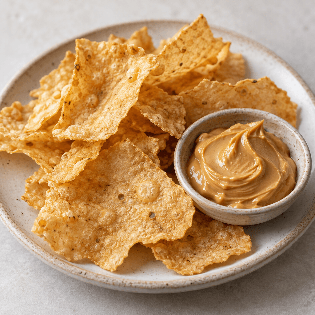 Thin, irregular golden-beige chickpea chips with a lightly bubbled, crisp-looking surface are arranged beside a small portion of smooth, tan peanut butter.