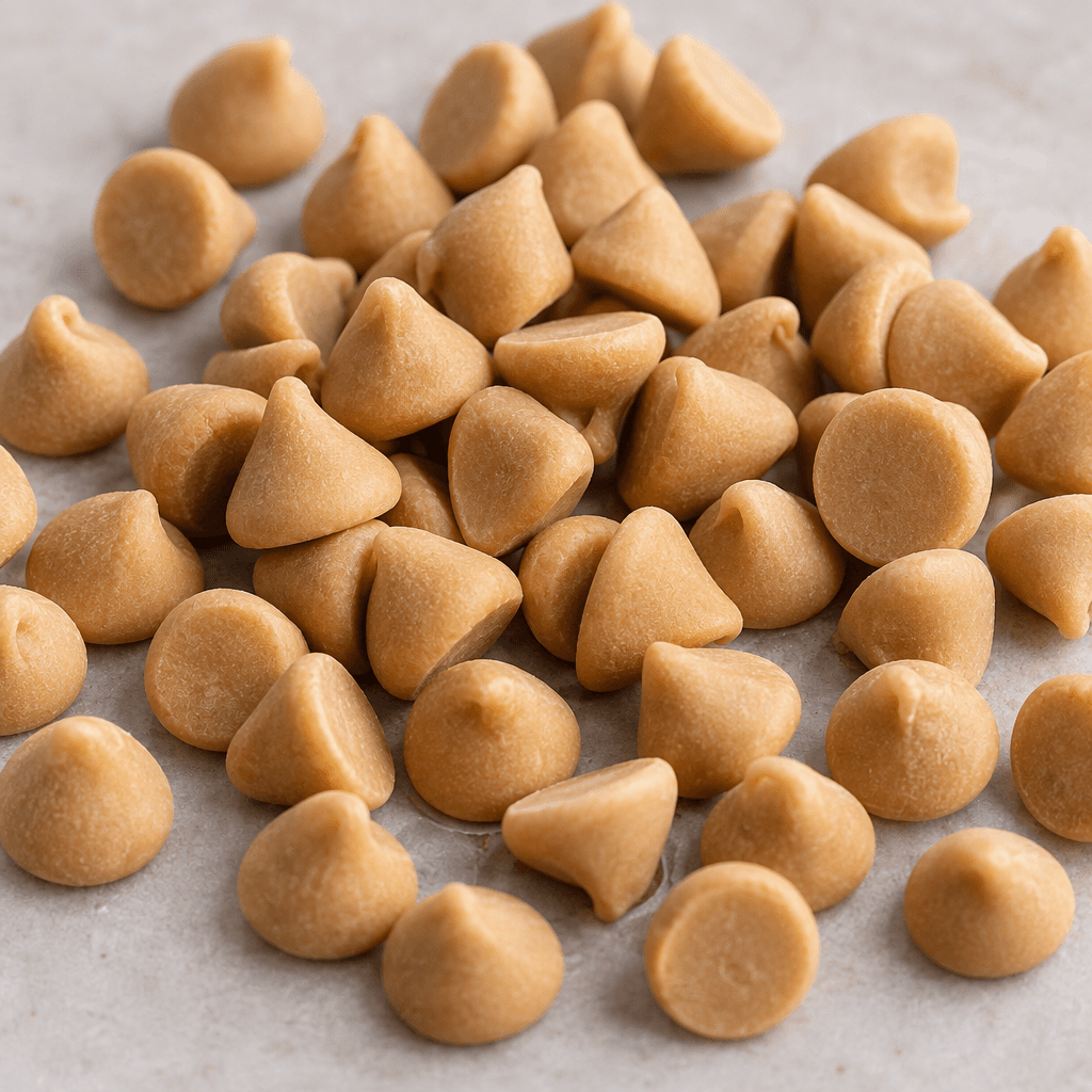 Small, matte light-tan peanut butter chips with rounded, slightly domed tops and flat bases are scattered loosely across a plain surface.