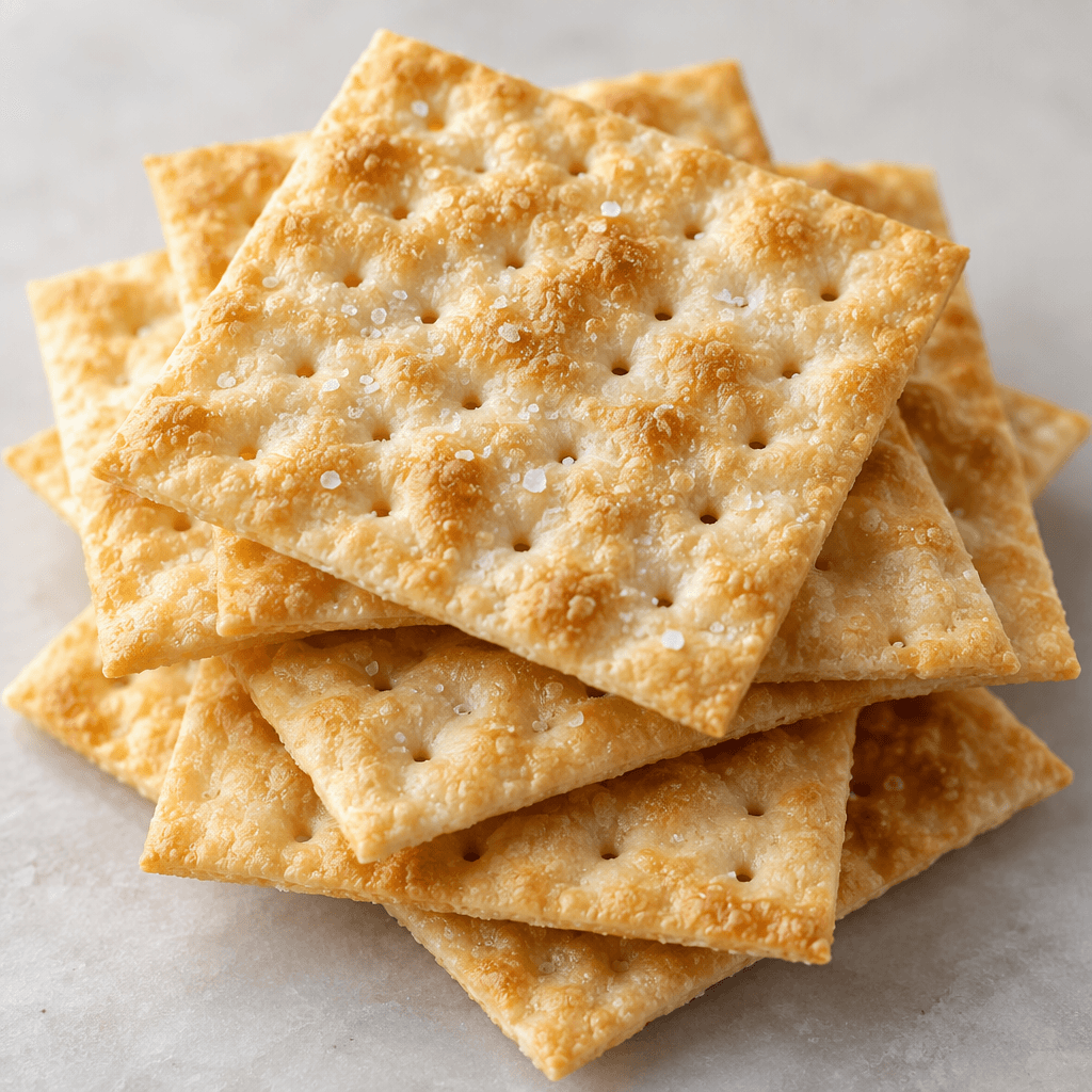 Thin, flat, pale golden crackers with straight edges, tiny perforations and a lightly bubbled, crisp-looking surface, stacked loosely with a few overlapping.