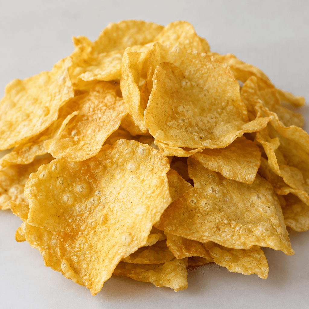 Thin, irregularly shaped chickpea chips with a pale golden-yellow colour, lightly bubbled surfaces and crisp, uneven edges, loosely piled together.