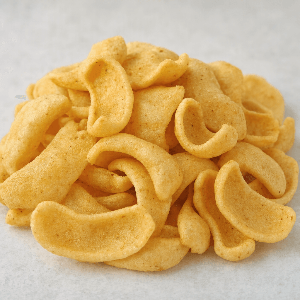 A small pile of curved, puffed chickpea chips, pale golden-beige with a lightly speckled, matte surface.