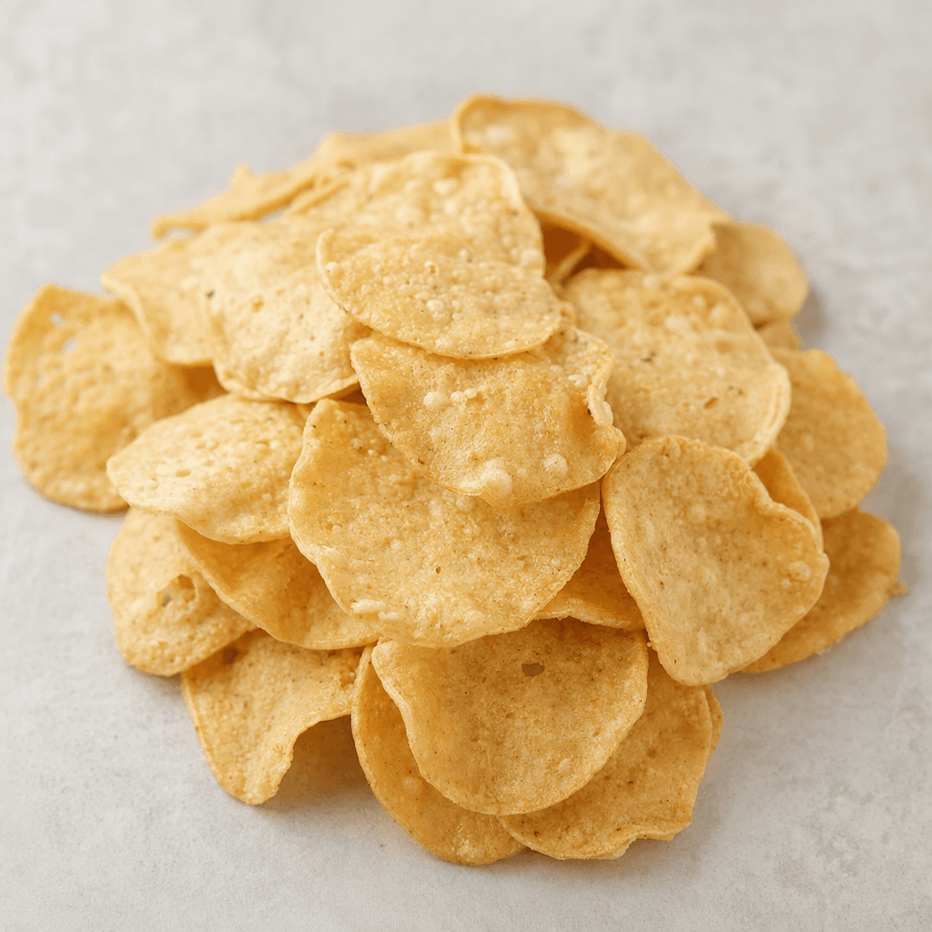 A small pile of thin, irregularly rounded chickpea chips, pale golden-beige with lightly bubbled, porous surfaces and crisp-looking edges.