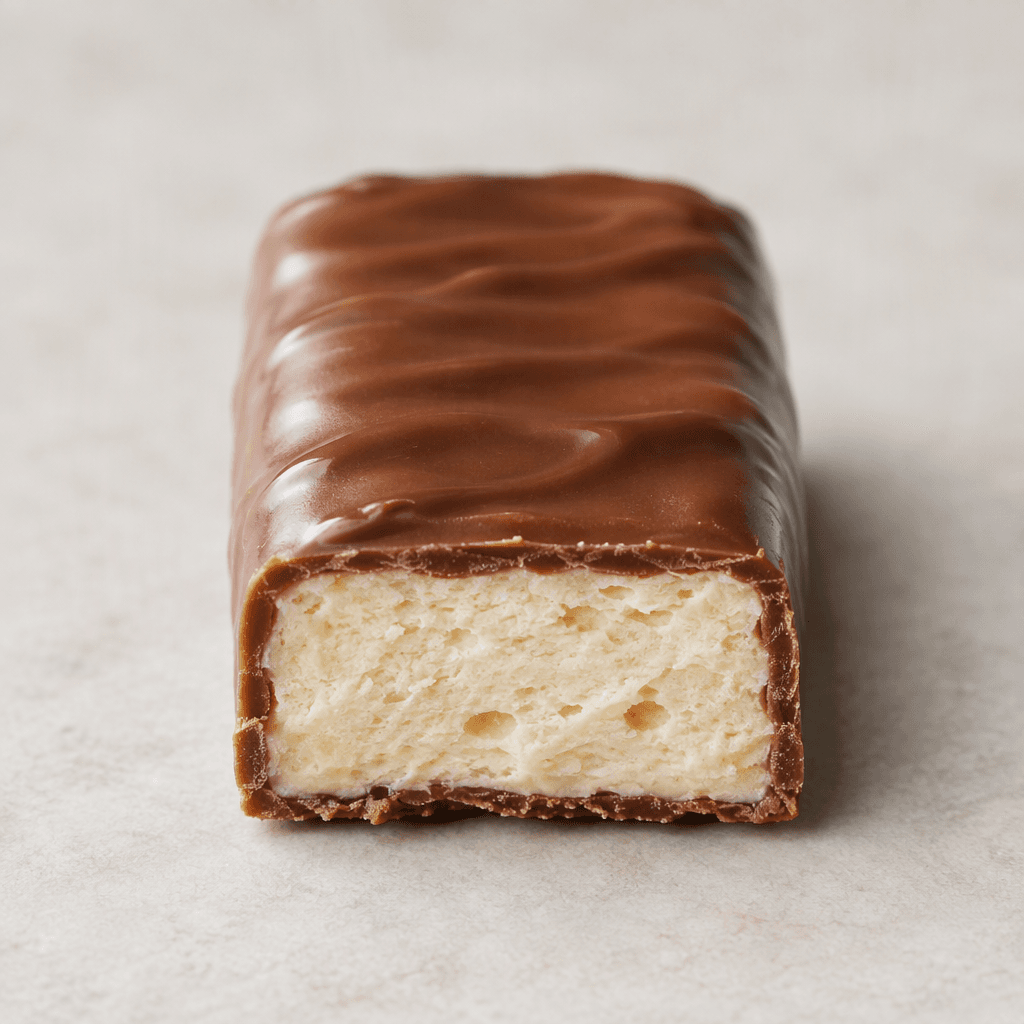 A small, rectangular chocolate bar with a smooth, glossy brown coating and a pale, slightly chewy-looking nougat center visible at a cut end.