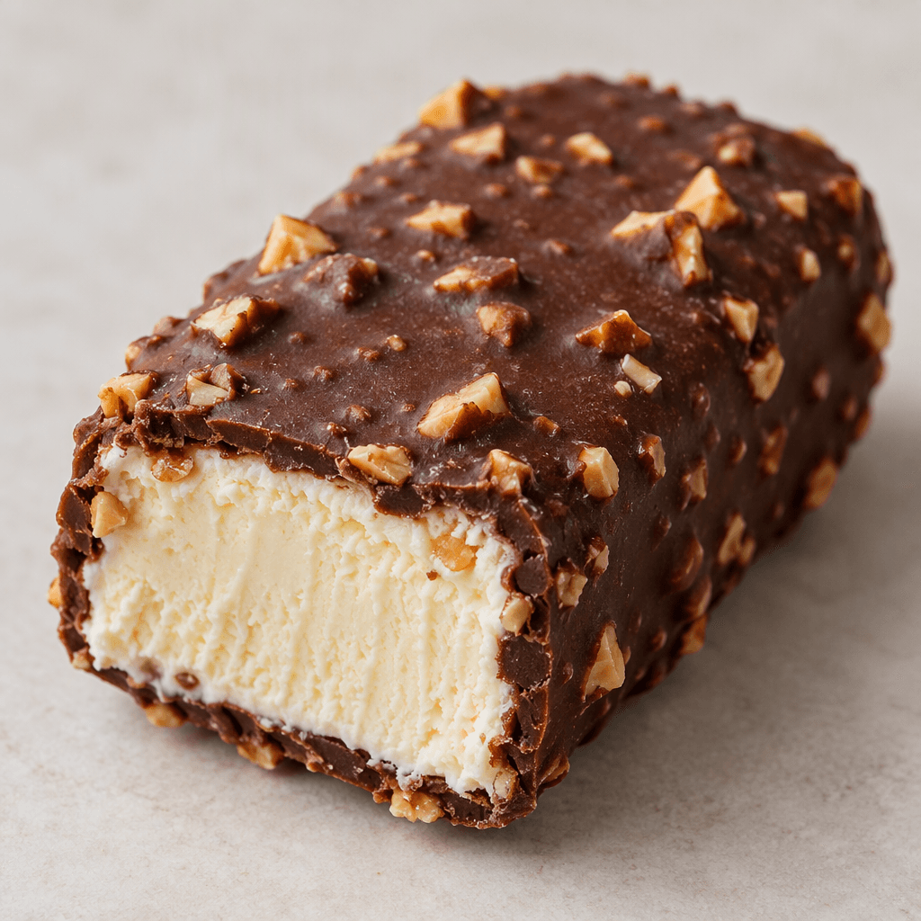 A small, rectangular ice-cream bar with a dark chocolate coating dotted with crunchy nut pieces and a pale, creamy layer visible where it is cut.