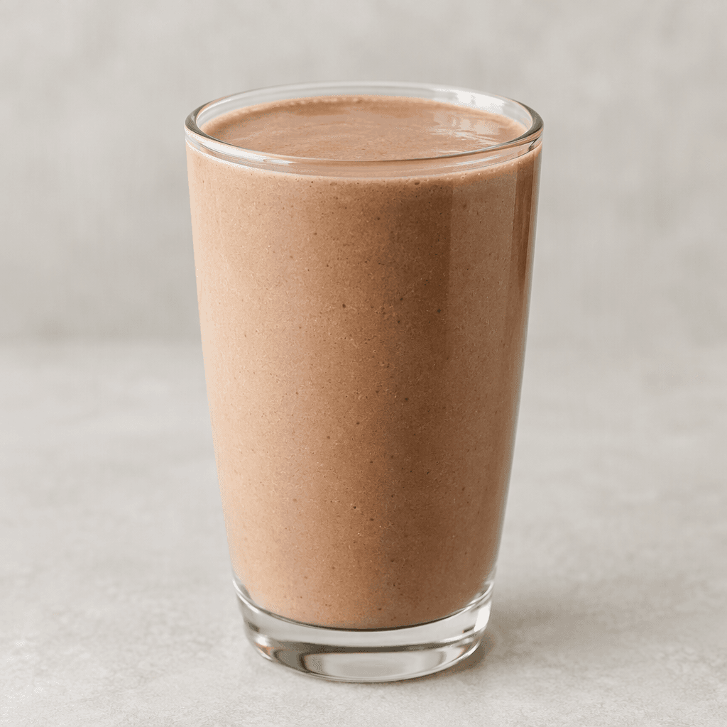 A smooth, creamy light-brown shake served in a clear glass, with an even surface and no visible toppings.