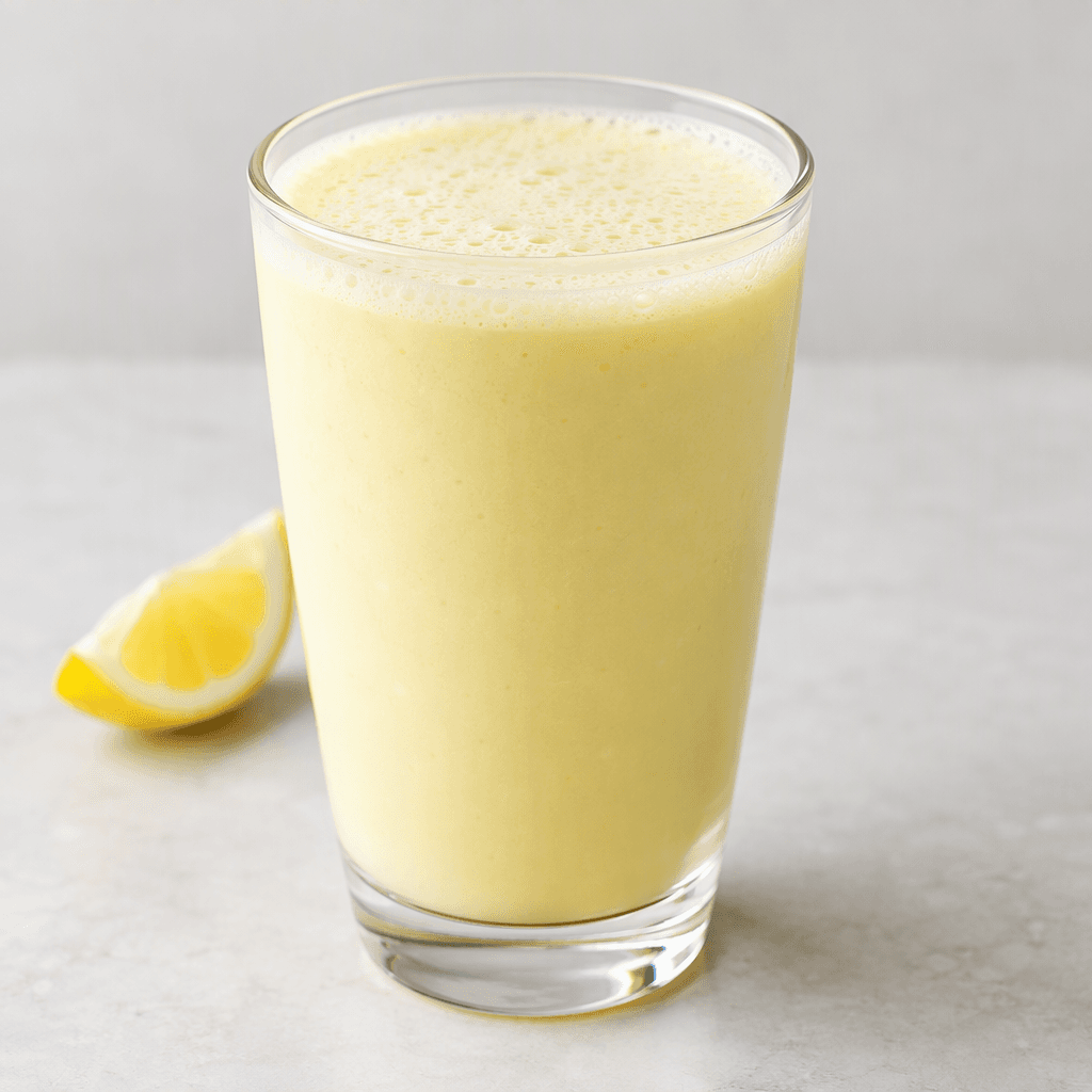 A pale lemon-yellow shake with a smooth, creamy texture and a light layer of fine bubbles on top, served in a clear glass.