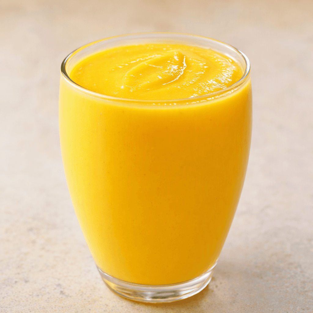A smooth, opaque mango-yellow drink with a creamy consistency, served in a clear glass.