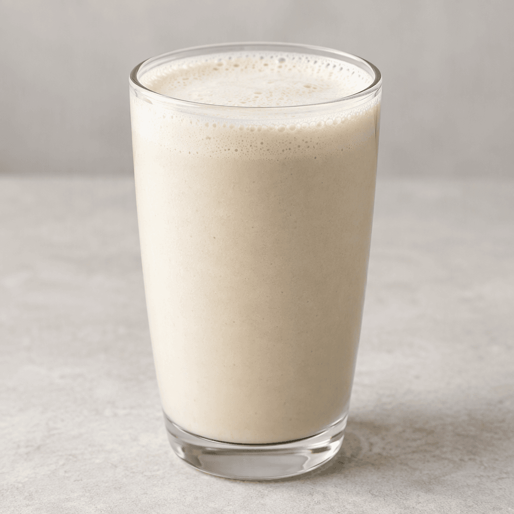 A smooth, creamy, pale-colored protein shake sits in a clear glass, with a light layer of foam on top.
