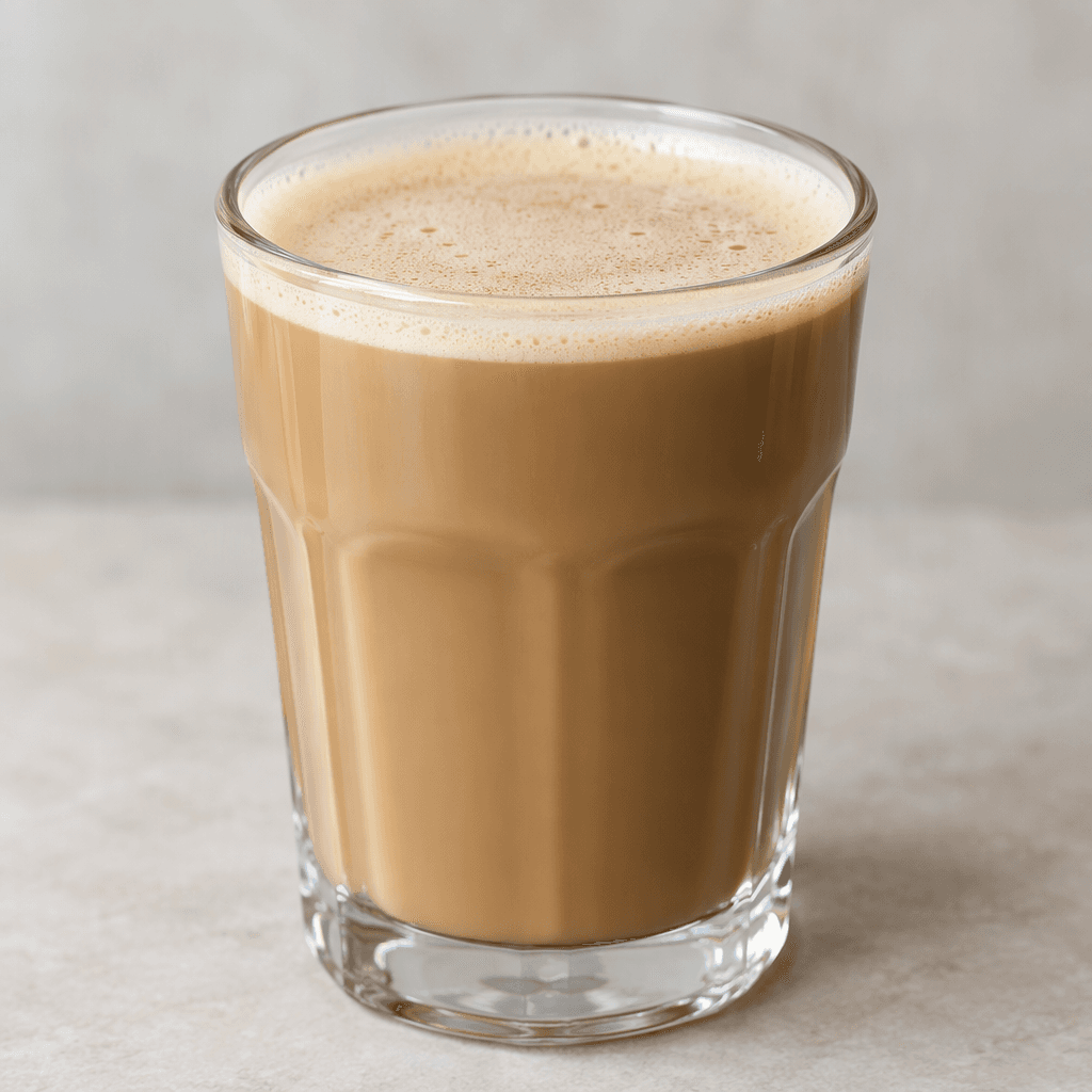 A smooth, uniform light coffee-brown drink fills a clear glass, with a thin layer of pale foam on top.