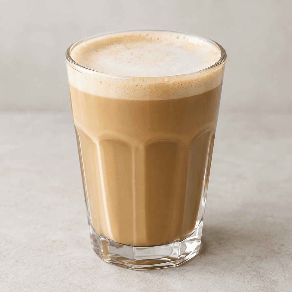 A smooth, light caramel-brown coffee drink sits in a clear glass, topped with a thin layer of pale foam.