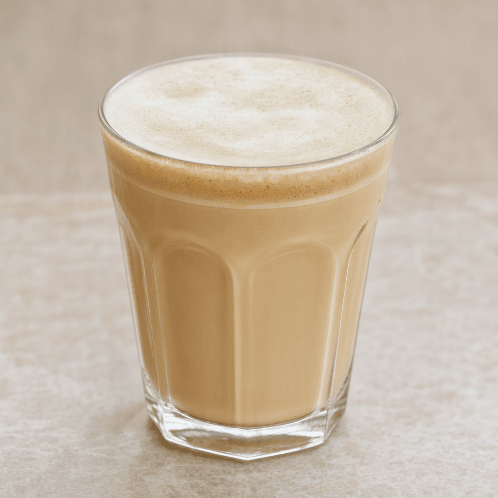 A smooth, creamy beige latte drink sits in a clear glass, topped with a thin layer of pale foam.