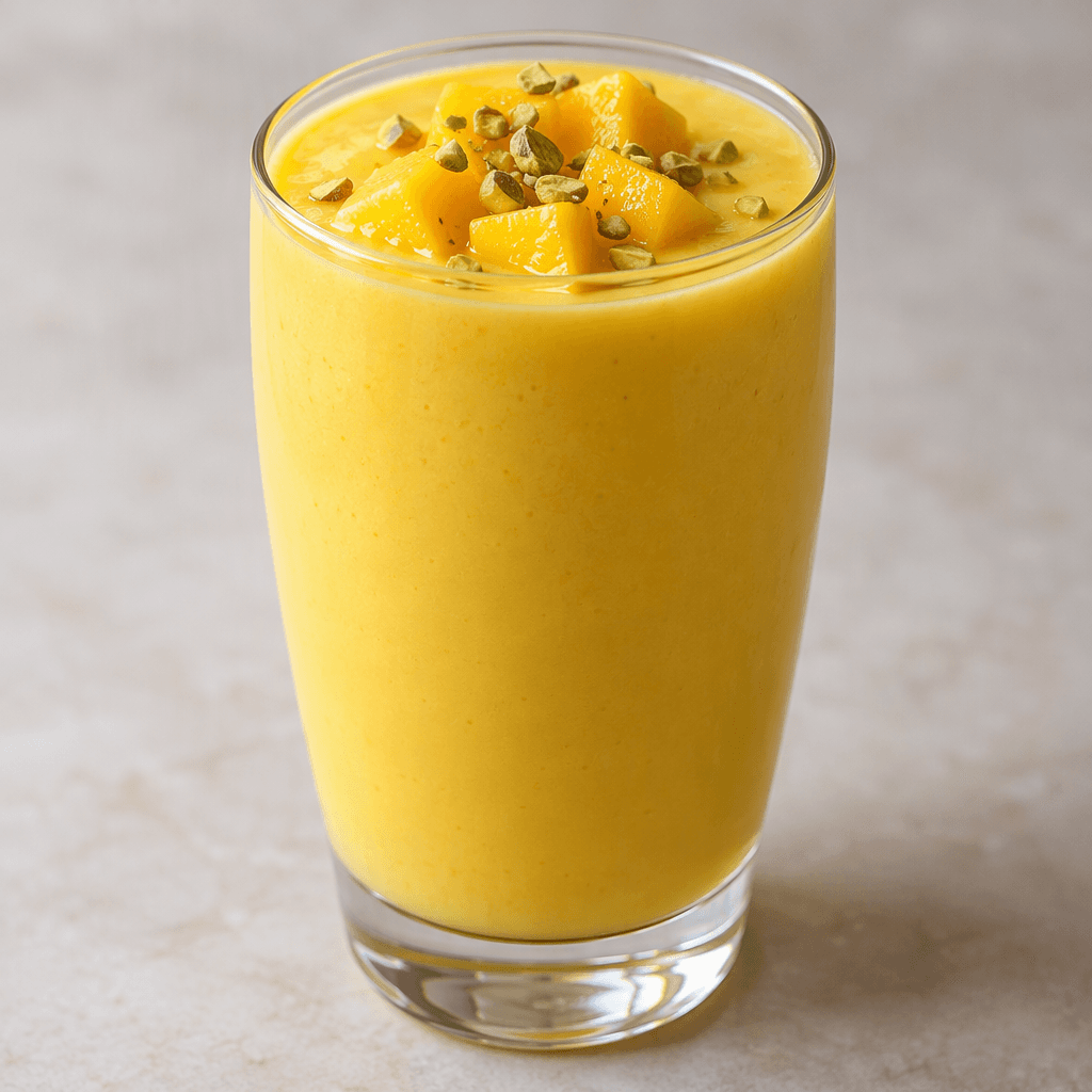 A smooth, opaque mango-yellow shake with a creamy, even texture, served in a clear glass.