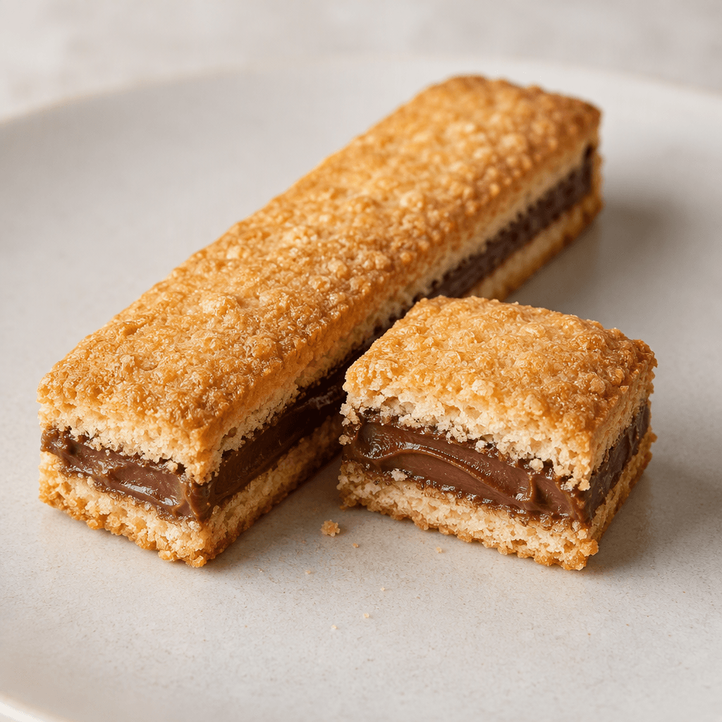 A slim rectangular biscuit bar with a golden, lightly textured outer shell, a visible layer of pale crisp biscuit and a smooth dark hazelnut-cocoa filling, shown whole beside a cut piece.