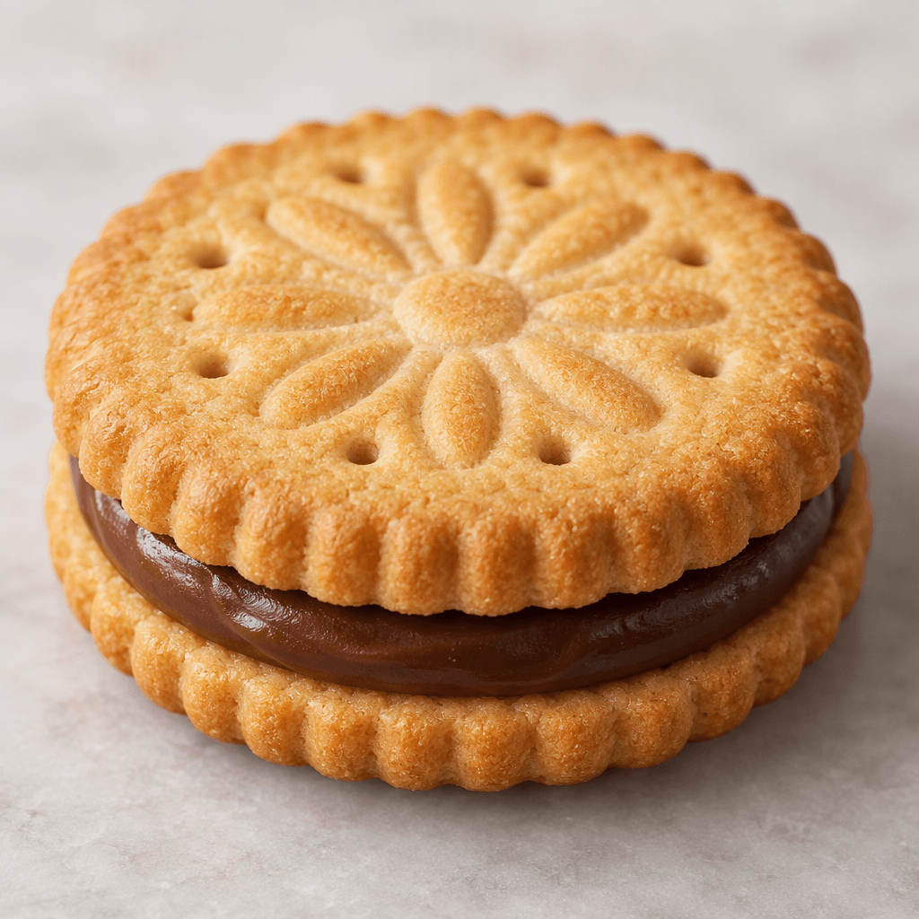 A round, golden-brown sandwich biscuit with a ridged edge, an embossed pattern on top, and a thick layer of smooth dark-brown filling visible between the crisp-looking biscuits.
