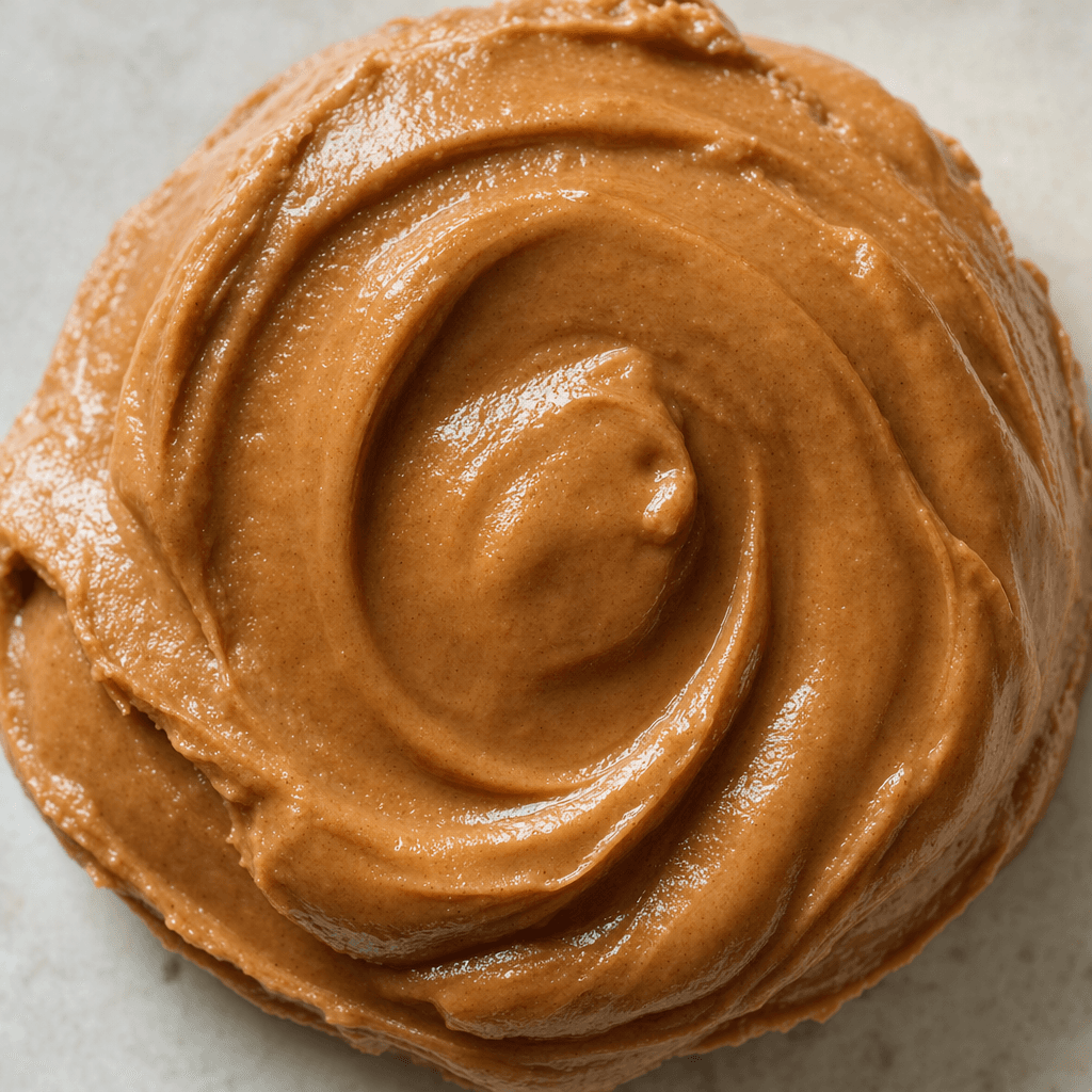A glossy, thick, medium-brown spread with a smooth, creamy surface is swirled into a rounded mound, with soft ridges and curved streaks catching the light.