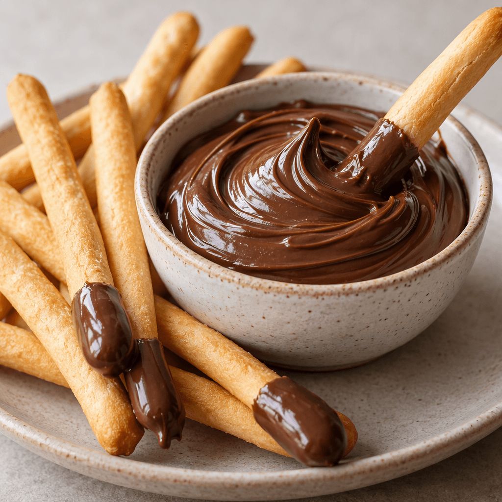 A small cup of smooth, glossy dark-brown hazelnut spread sits beside slender golden breadsticks, some with their tips dipped into the spread.