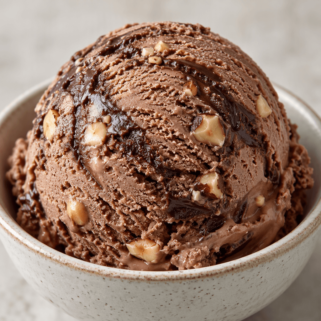 A rounded scoop of smooth cocoa-brown ice cream with darker chocolate swirls and small pieces of hazelnut visible throughout, served in a bowl.
