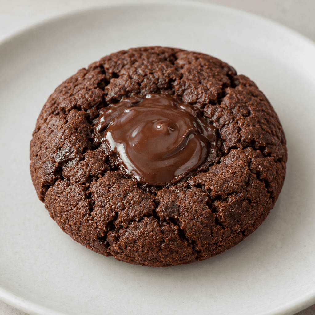 A round, dark cocoa-brown cookie with a lightly cracked surface and a glossy chocolate center rests on a plain plate.