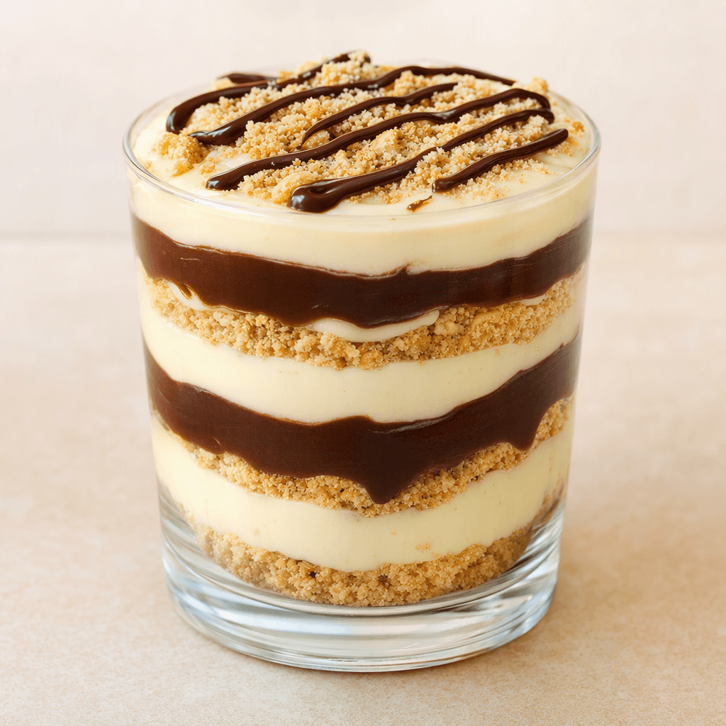 A clear glass cup holds alternating layers of pale, creamy pudding, fine biscuit crumbs and glossy dark chocolate spread, topped with a few more crumbs and a thin chocolate drizzle.