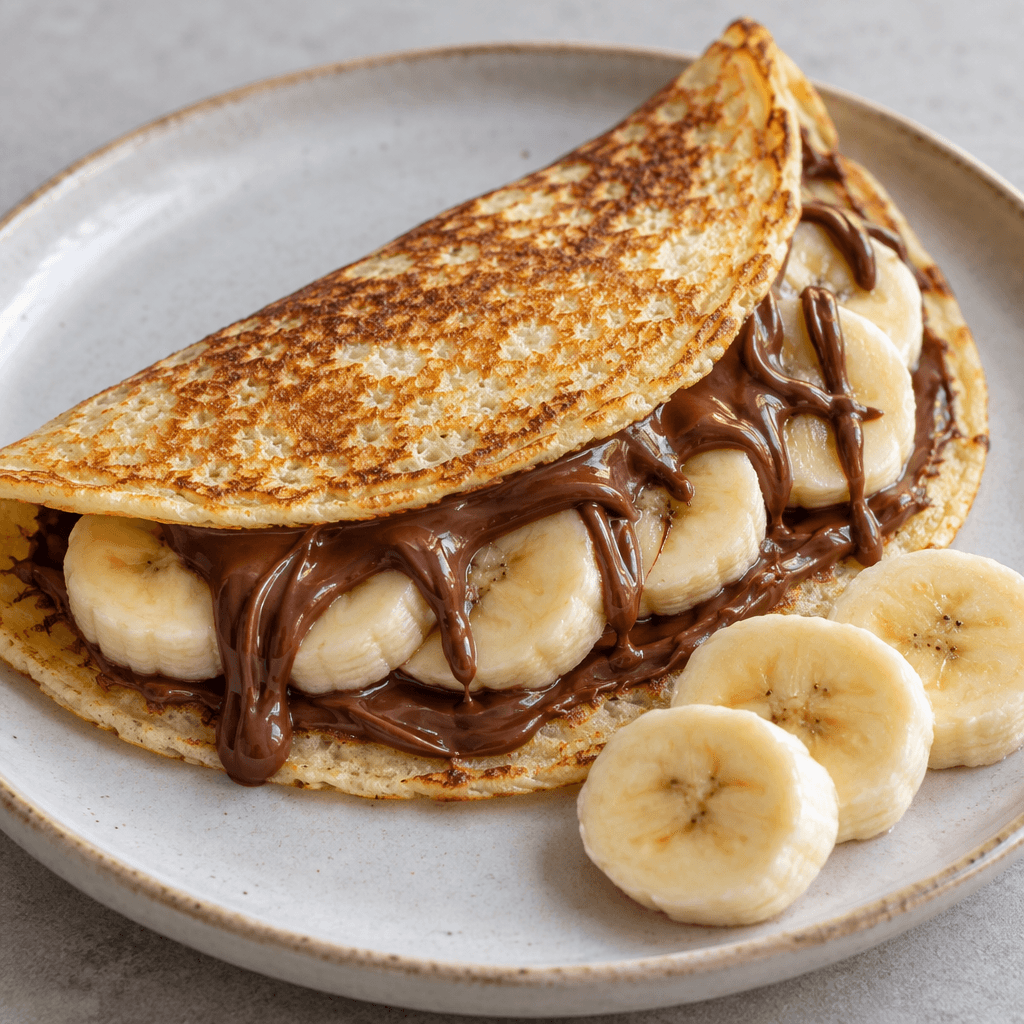 A golden-brown pancake is folded around sliced banana, with glossy dark chocolate hazelnut spread drizzled over the top and a few banana rounds arranged beside it on a plate.