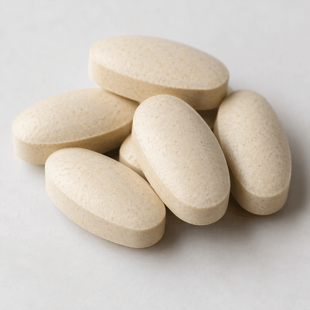 Several large, smooth, pale beige oval tablets with rounded edges are arranged in a small cluster.