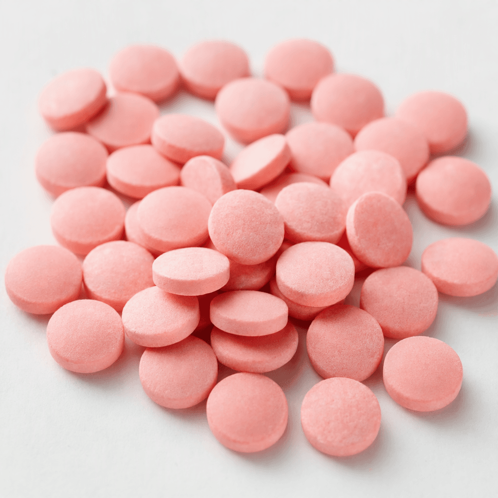 Small, flat, round pink tablets are scattered loosely on a clean white surface.