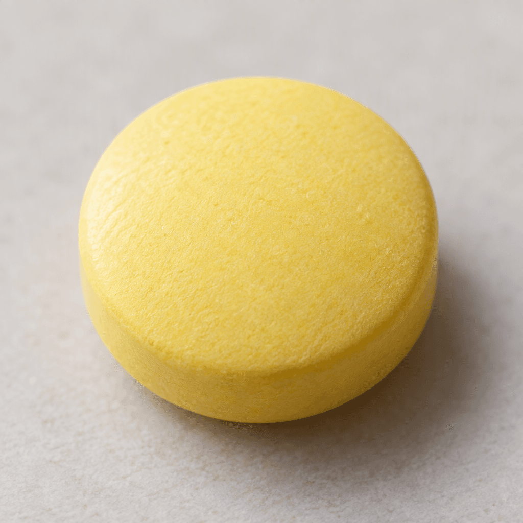 A single light yellow, round tablet with a smooth, slightly matte surface and gently rounded edges.