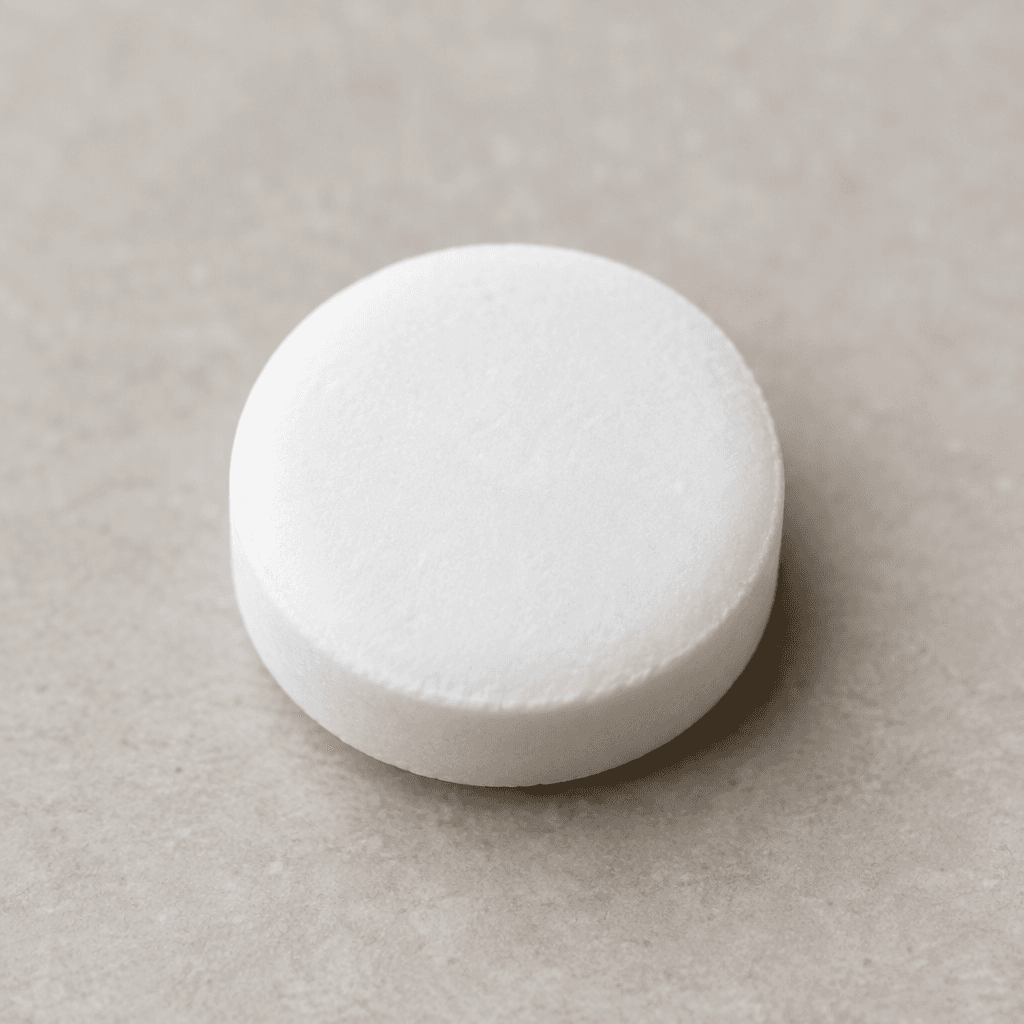 A small, white, round tablet with a smooth, flat surface and gently rounded edges.
