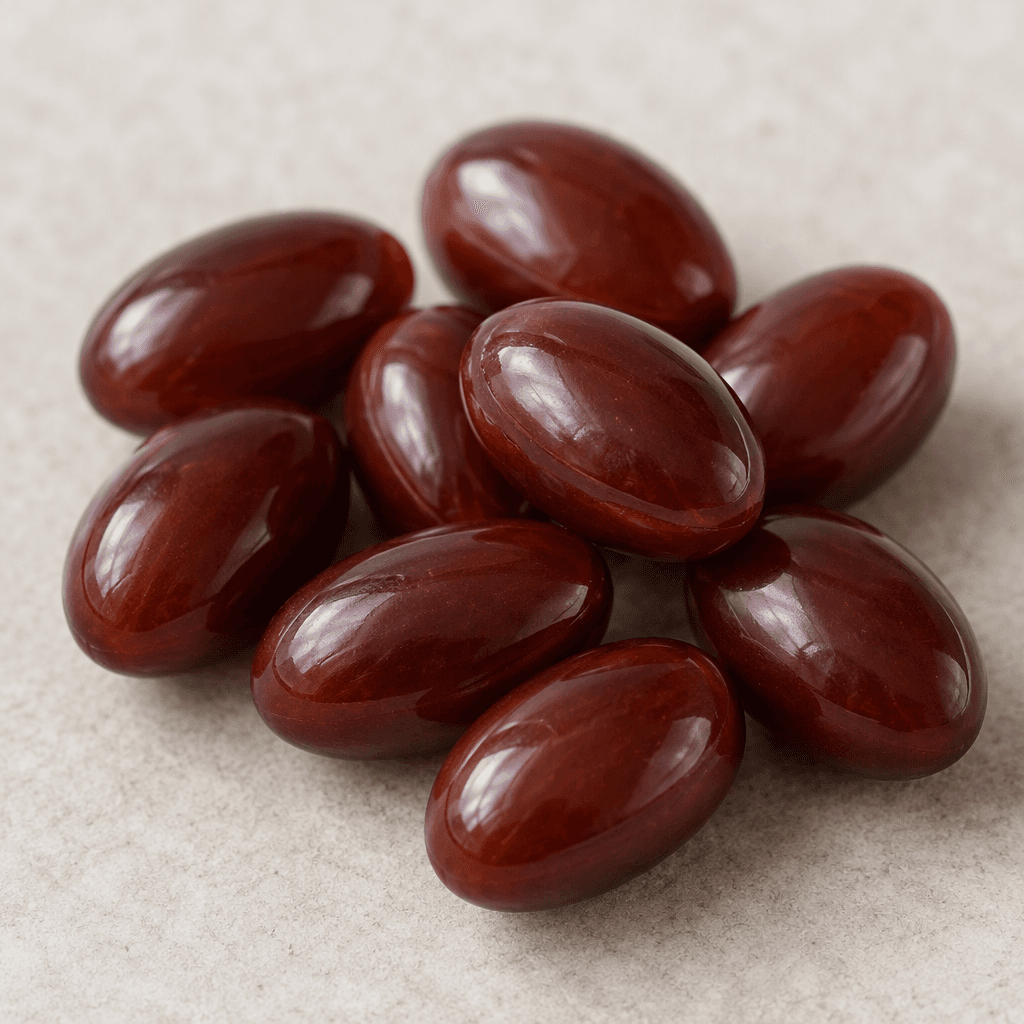 Several small, smooth, dark reddish-brown oval tablets are arranged together on a plain surface.