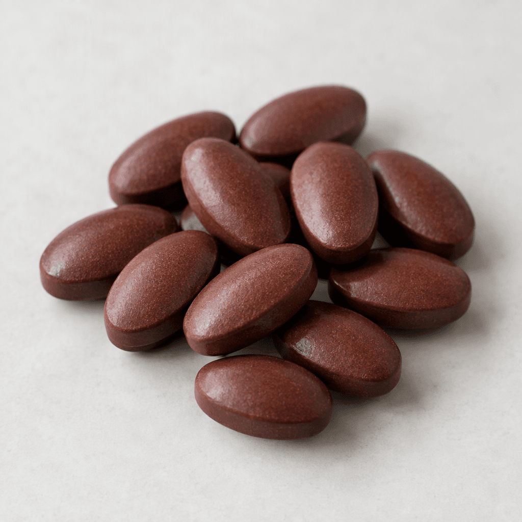 Several small, smooth, dark reddish-brown oval tablets are arranged on a plain surface.