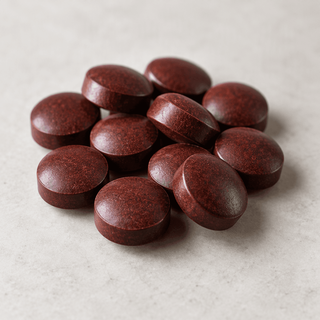 Small, smooth, dark reddish-brown tablets are arranged in a neat group on a plain surface.